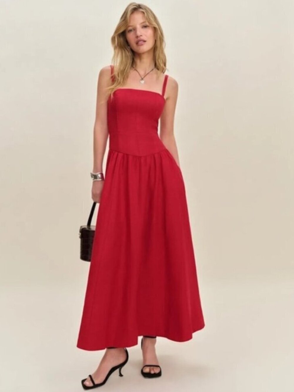 Reformation Katarin Linen Midi Dress Lipstick Red Lace Detail | US 2 UK 6
